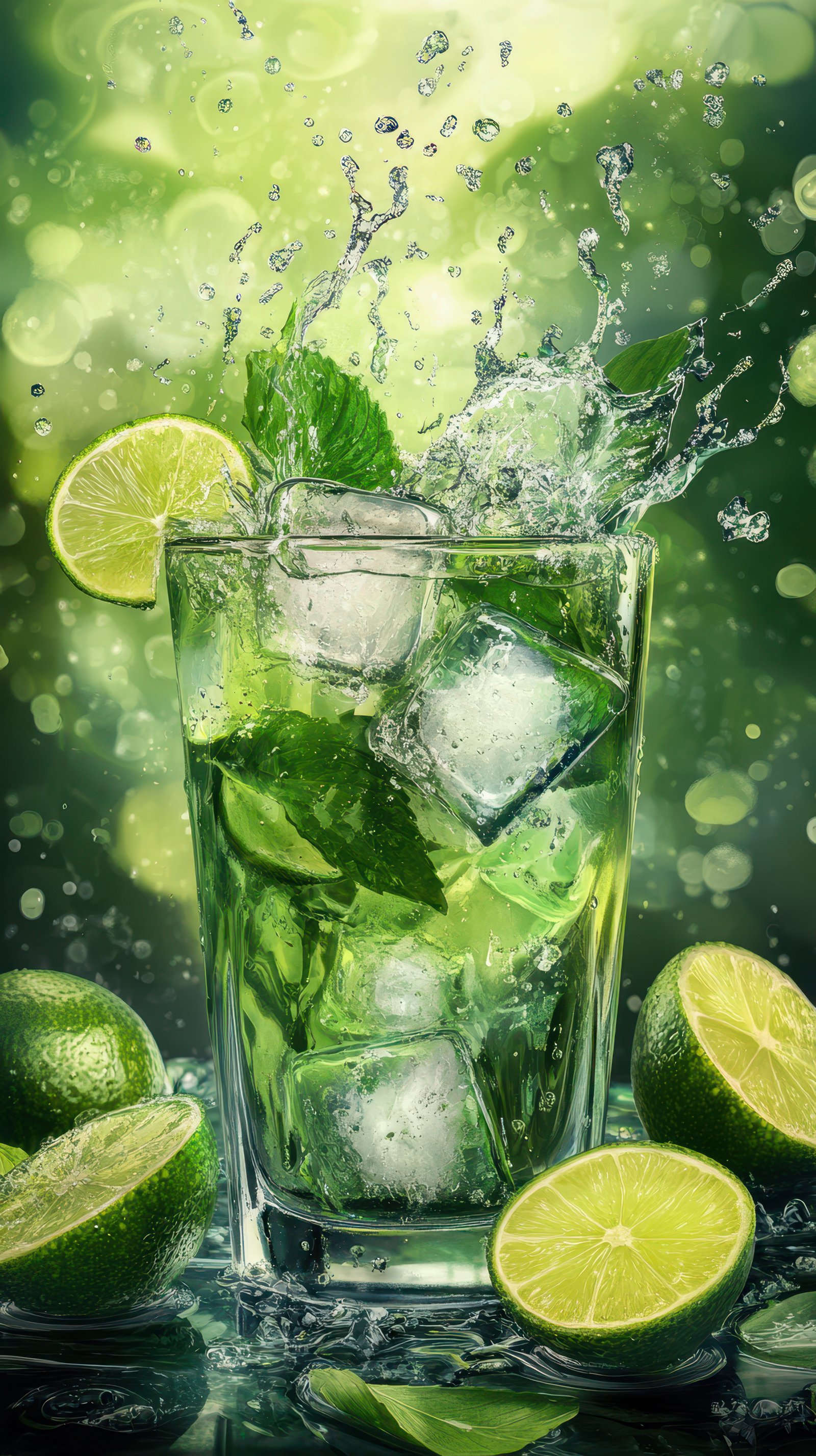 Refreshing mint and lime beverage splashing in a glass with ice in a vibrant green background